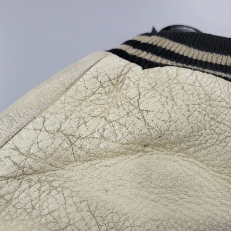 【現状渡し品】【メンズ】 FRED PERRY フレッドペリー スポーツ ウェア 90S 日本製 PATCH EMBROIDERY WOOL パッチ エンブロイダリー ウール × LEATHER STADIUM JACKET レザー スタジアム ジャケット アウター 146-260507-ya-03-izu サイズ：L カラー：BLACK×BEIGE 万代Net店