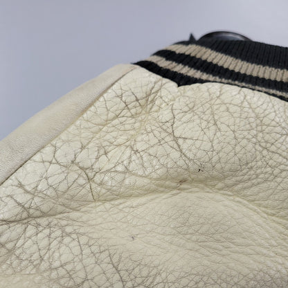 【現状渡し品】【メンズ】 FRED PERRY フレッドペリー スポーツ ウェア 90S 日本製 PATCH EMBROIDERY WOOL パッチ エンブロイダリー ウール × LEATHER STADIUM JACKET レザー スタジアム ジャケット アウター 146-260507-ya-03-izu サイズ：L カラー：BLACK×BEIGE 万代Net店