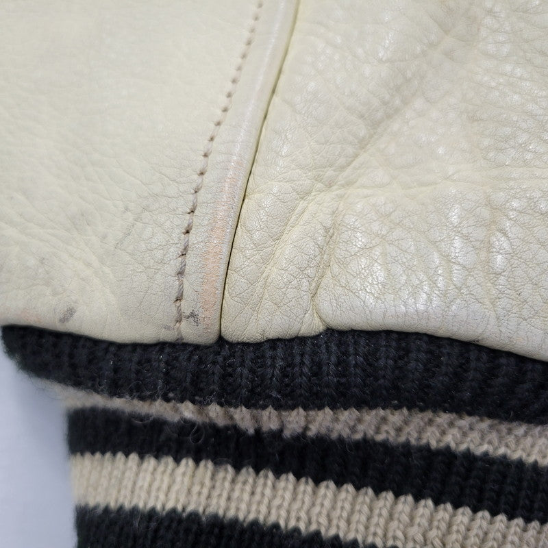 【現状渡し品】【メンズ】 FRED PERRY フレッドペリー スポーツ ウェア 90S 日本製 PATCH EMBROIDERY WOOL パッチ エンブロイダリー ウール × LEATHER STADIUM JACKET レザー スタジアム ジャケット アウター 146-260507-ya-03-izu サイズ：L カラー：BLACK×BEIGE 万代Net店