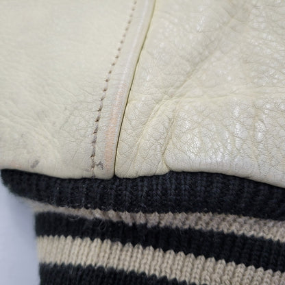 【現状渡し品】【メンズ】 FRED PERRY フレッドペリー スポーツ ウェア 90S 日本製 PATCH EMBROIDERY WOOL パッチ エンブロイダリー ウール × LEATHER STADIUM JACKET レザー スタジアム ジャケット アウター 146-260507-ya-03-izu サイズ：L カラー：BLACK×BEIGE 万代Net店