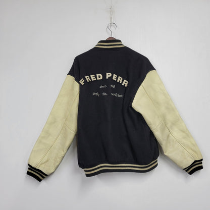 【現状渡し品】【メンズ】 FRED PERRY フレッドペリー スポーツ ウェア 90S 日本製 PATCH EMBROIDERY WOOL パッチ エンブロイダリー ウール × LEATHER STADIUM JACKET レザー スタジアム ジャケット アウター 146-260507-ya-03-izu サイズ：L カラー：BLACK×BEIGE 万代Net店