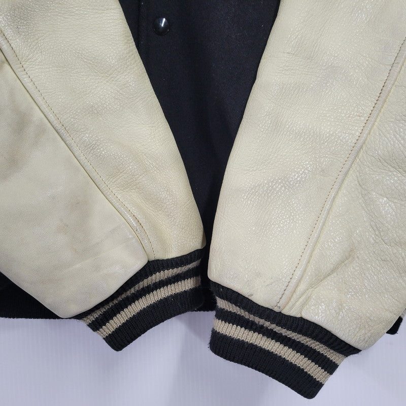【現状渡し品】【メンズ】 FRED PERRY フレッドペリー スポーツ ウェア 90S 日本製 PATCH EMBROIDERY WOOL パッチ エンブロイダリー ウール × LEATHER STADIUM JACKET レザー スタジアム ジャケット アウター 146-260507-ya-03-izu サイズ：L カラー：BLACK×BEIGE 万代Net店