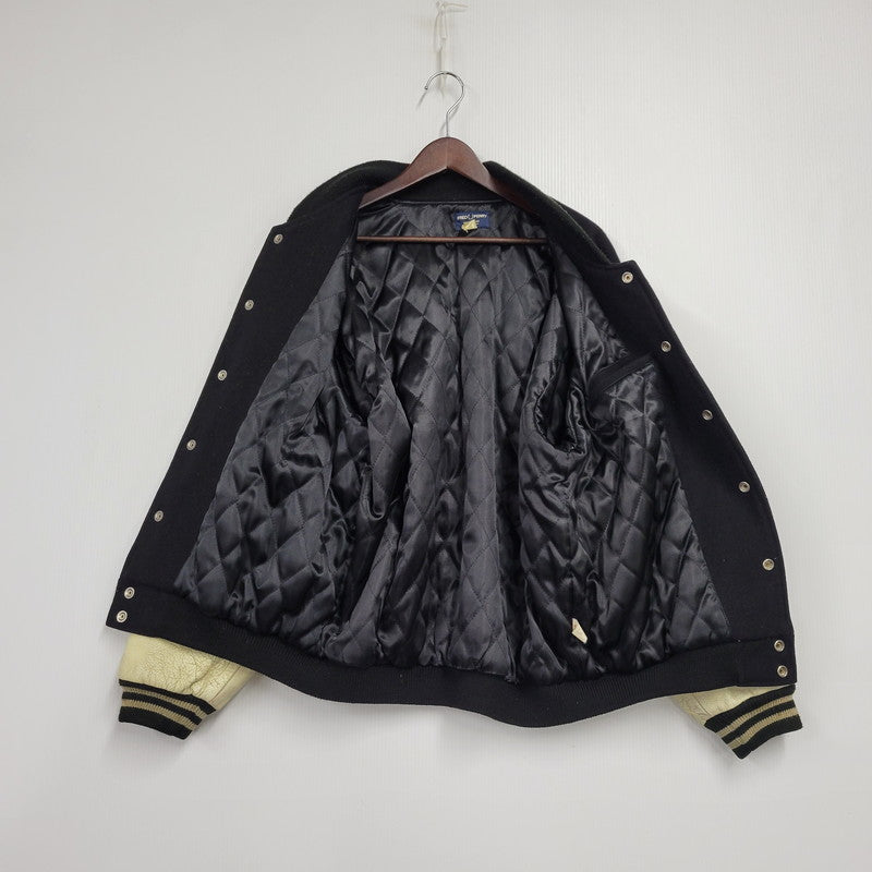 【現状渡し品】【メンズ】 FRED PERRY フレッドペリー スポーツ ウェア 90S 日本製 PATCH EMBROIDERY WOOL パッチ エンブロイダリー ウール × LEATHER STADIUM JACKET レザー スタジアム ジャケット アウター 146-260507-ya-03-izu サイズ：L カラー：BLACK×BEIGE 万代Net店