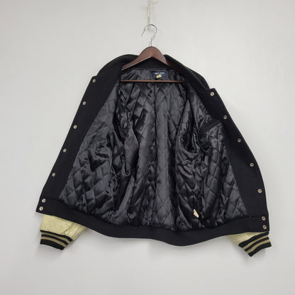 【現状渡し品】【メンズ】 FRED PERRY フレッドペリー スポーツ ウェア 90S 日本製 PATCH EMBROIDERY WOOL パッチ エンブロイダリー ウール × LEATHER STADIUM JACKET レザー スタジアム ジャケット アウター 146-260507-ya-03-izu サイズ：L カラー：BLACK×BEIGE 万代Net店