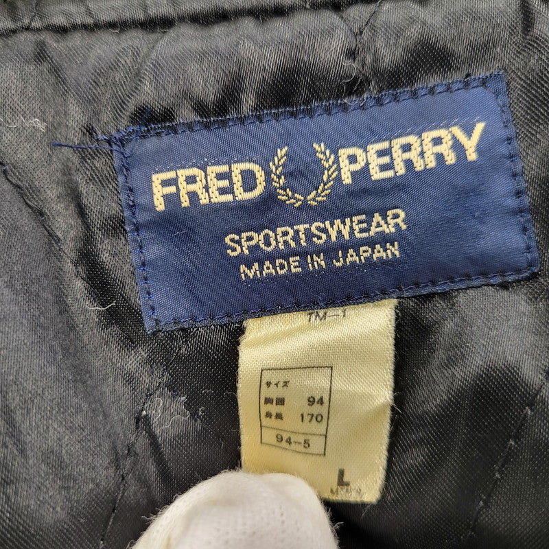 【現状渡し品】【メンズ】 FRED PERRY フレッドペリー スポーツ ウェア 90S 日本製 PATCH EMBROIDERY WOOL パッチ エンブロイダリー ウール × LEATHER STADIUM JACKET レザー スタジアム ジャケット アウター 146-260507-ya-03-izu サイズ：L カラー：BLACK×BEIGE 万代Net店