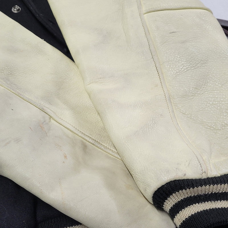 【現状渡し品】【メンズ】 FRED PERRY フレッドペリー スポーツ ウェア 90S 日本製 PATCH EMBROIDERY WOOL パッチ エンブロイダリー ウール × LEATHER STADIUM JACKET レザー スタジアム ジャケット アウター 146-260507-ya-03-izu サイズ：L カラー：BLACK×BEIGE 万代Net店