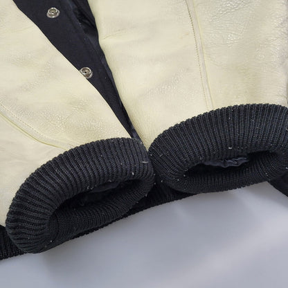 【現状渡し品】【メンズ】 FRED PERRY フレッドペリー スポーツ ウェア 90S 日本製 PATCH EMBROIDERY WOOL パッチ エンブロイダリー ウール × LEATHER STADIUM JACKET レザー スタジアム ジャケット アウター 146-260507-ya-03-izu サイズ：L カラー：BLACK×BEIGE 万代Net店