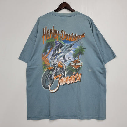 【中古品】【メンズ】 HARLEY DAVIDSON ハーレーダビッドソン JAMAICA MARLIN BIKE BACK PRINT S/S TEE バックプリント 半袖 Tシャツ 146-260522-ka-01-izu サイズ：2XL カラー：ライトブルー 万代Net店