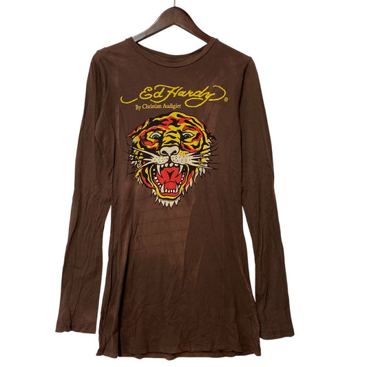 【現状渡し品】【レディース】 ED HARDY エドハーディ TIGERHEAD LS ONE-PIECE タイガーヘッド ロングスリーブ ワンピース 170-260522-cs-02-izu サイズ：L カラー：ブラウン 万代Net店