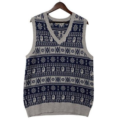 【中古品】【メンズ】 A BATHING APE アベイシングエイプ NORDIC APE HEAD KNIT VEST ノルディック エイプ ヘッド ニット ベスト トップス 142-260523-kh-03-izu サイズ：XL カラー：グレー×ネイビー 万代Net店
