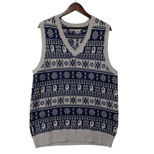 【中古品】【メンズ】 A BATHING APE アベイシングエイプ NORDIC APE HEAD KNIT VEST ノルディック エイプ ヘッド ニット ベスト トップス 142-260523-kh-03-izu サイズ：XL カラー：グレー×ネイビー 万代Net店