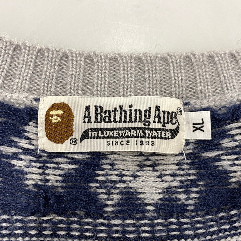 【中古品】【メンズ】 A BATHING APE アベイシングエイプ NORDIC APE HEAD KNIT VEST ノルディック エイプ ヘッド ニット ベスト トップス 142-260523-kh-03-izu サイズ：XL カラー：グレー×ネイビー 万代Net店