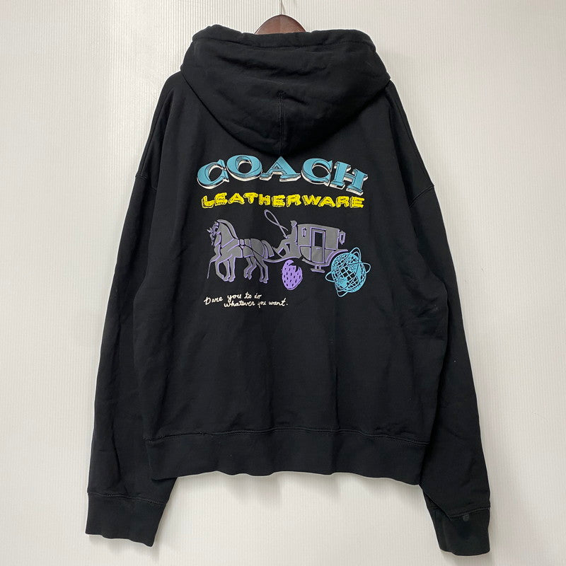 【中古品】【メンズ】 COACH コーチ CAF72 LEATHERWARE COLLAGE RELAXED HOODIE レザーウェア コラージュ リラックスド フーディー トップス 長袖 141-260518-cs-08-izu サイズ：XL カラー：ブラック 万代Net店