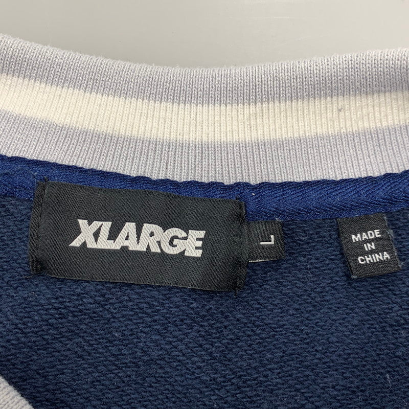 【中古品】【メンズ】 XLARGE エクストララージ 101233012017 BASEBALL LOGO EMBROIDERED V NECK SWEATSHIRT ベースボール ロゴ エンブロイダード Vネック スウェットシャツ トップス 長袖 142-260526-ya-07-izu サイズ：L カラー：ネイビー 万代Net店
