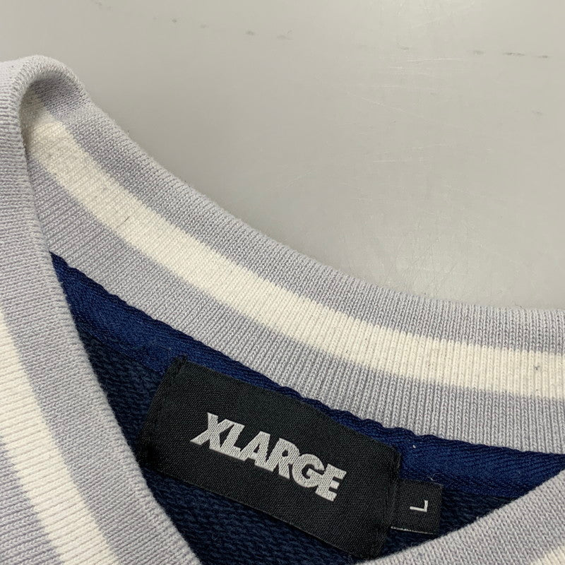 【中古品】【メンズ】 XLARGE エクストララージ 101233012017 BASEBALL LOGO EMBROIDERED V NECK SWEATSHIRT ベースボール ロゴ エンブロイダード Vネック スウェットシャツ トップス 長袖 142-260526-ya-07-izu サイズ：L カラー：ネイビー 万代Net店