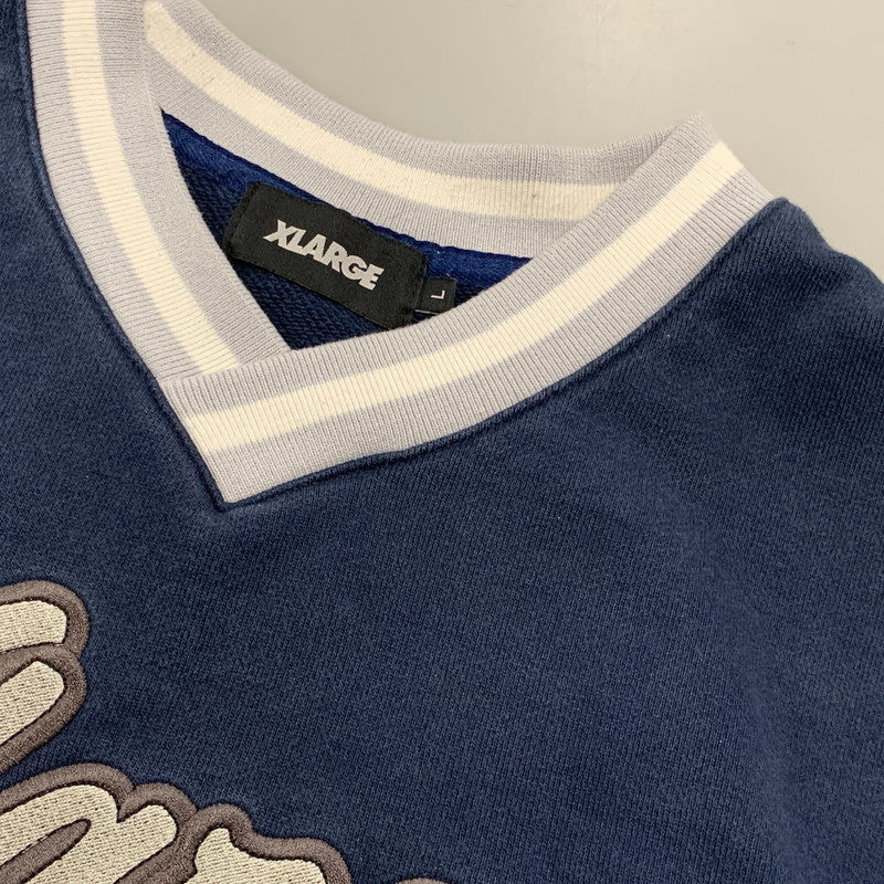 【中古品】【メンズ】 XLARGE エクストララージ 101233012017 BASEBALL LOGO EMBROIDERED V NECK SWEATSHIRT ベースボール ロゴ エンブロイダード Vネック スウェットシャツ トップス 長袖 142-260526-ya-07-izu サイズ：L カラー：ネイビー 万代Net店