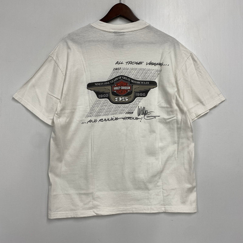 【中古品】【メンズ】 HARLEY DAVIDSON ハーレーダビッドソン 1903-1998 95TH EMBLEM PRINT S/S TEE プリント ショートスリーブ Tシャツ USA製 半袖 トップス 146-260607-as-31-izu サイズ：L カラー：ホワイト 万代Net店
