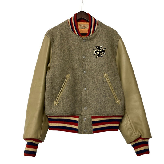 【現状渡し品】【メンズ】 STYLE EYES スタイルアイズ 東洋エンタープライズ M16487 M16488 CROSS PATCH WOOL LEATHER STADIUM JACKET クロス パッチ ウール レザー スタジアム ジャケット アウター 146-260525-cs-02-izu サイズ：40 カラー：グレー×ベージュ 万代Net店