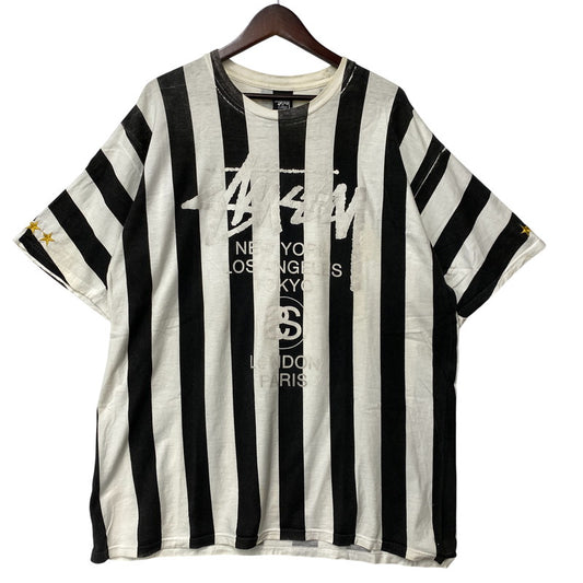 【現状渡し品】【メンズ】 STUSSY メキシコ製 STRIPE WORLD TOUR TEE ストライプ ワールド ツアー Tシャツ トップス 半袖 142-260608-ya-09-izu サイズ：XL カラー：ブラック×ホワイト 万代Net店
