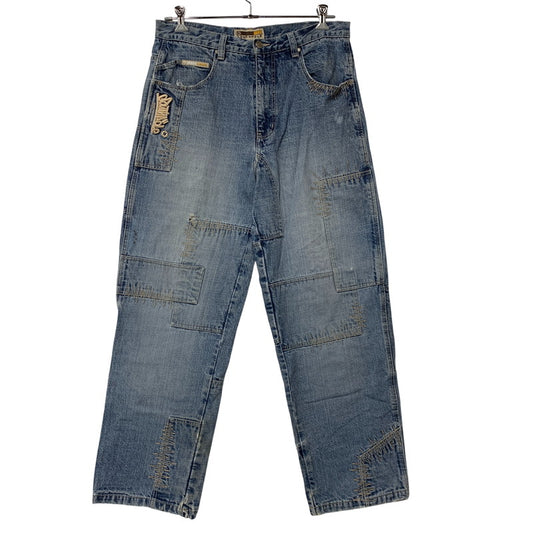 【中古品】【メンズ】 SOUTHPOLE サウスポール BUGGY DENIM PANTS バギーデニムパンツ 刺繍 ツギハギステッチ ジーンズ 157-260608-as-09-izu サイズ：33L カラー：ライトインディゴ 万代Net店
