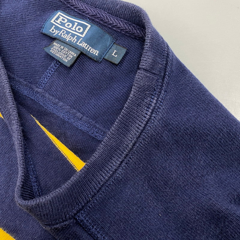 【中古品】【メンズ】 POLO BY RALPH LAUREN ポロバイラルフローレン 90S エンブレム刺繍 BORDER SWEAT SHIRT ボーダー スウェット シャツ トップス 長袖 146-260624-cs-11-izu サイズ：L カラー：ネイビー×イエロー 万代Net店
