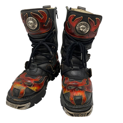 【現状渡し品】【メンズ】 NEW ROCK ニューロック SKULL FIRE PATTERN LEATHER BOOTS スカル ファイヤー パターン レザー ブーツ 靴 164-260616-as-02-izu サイズ：40 カラー：ブラック×レッド 万代Net店
