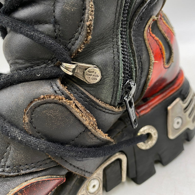 【現状渡し品】【メンズ】 NEW ROCK ニューロック SKULL FIRE PATTERN LEATHER BOOTS スカル ファイヤー パターン レザー ブーツ 靴 164-260616-as-02-izu サイズ：40 カラー：ブラック×レッド 万代Net店