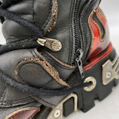 【現状渡し品】【メンズ】 NEW ROCK ニューロック SKULL FIRE PATTERN LEATHER BOOTS スカル ファイヤー パターン レザー ブーツ 靴 164-260616-as-02-izu サイズ：40 カラー：ブラック×レッド 万代Net店