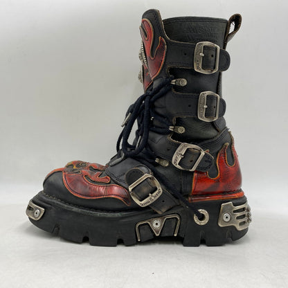 【現状渡し品】【メンズ】 NEW ROCK ニューロック SKULL FIRE PATTERN LEATHER BOOTS スカル ファイヤー パターン レザー ブーツ 靴 164-260616-as-02-izu サイズ：40 カラー：ブラック×レッド 万代Net店