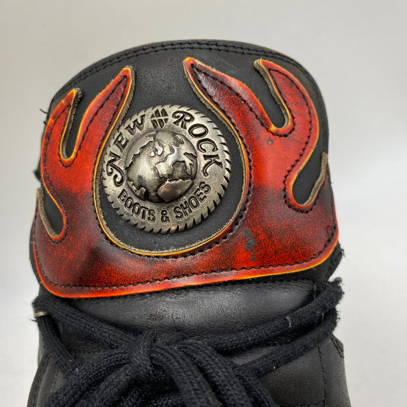【現状渡し品】【メンズ】 NEW ROCK ニューロック SKULL FIRE PATTERN LEATHER BOOTS スカル ファイヤー パターン レザー ブーツ 靴 164-260616-as-02-izu サイズ：40 カラー：ブラック×レッド 万代Net店