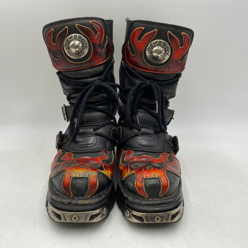 【現状渡し品】【メンズ】 NEW ROCK ニューロック SKULL FIRE PATTERN LEATHER BOOTS スカル ファイヤー パターン レザー ブーツ 靴 164-260616-as-02-izu サイズ：40 カラー：ブラック×レッド 万代Net店