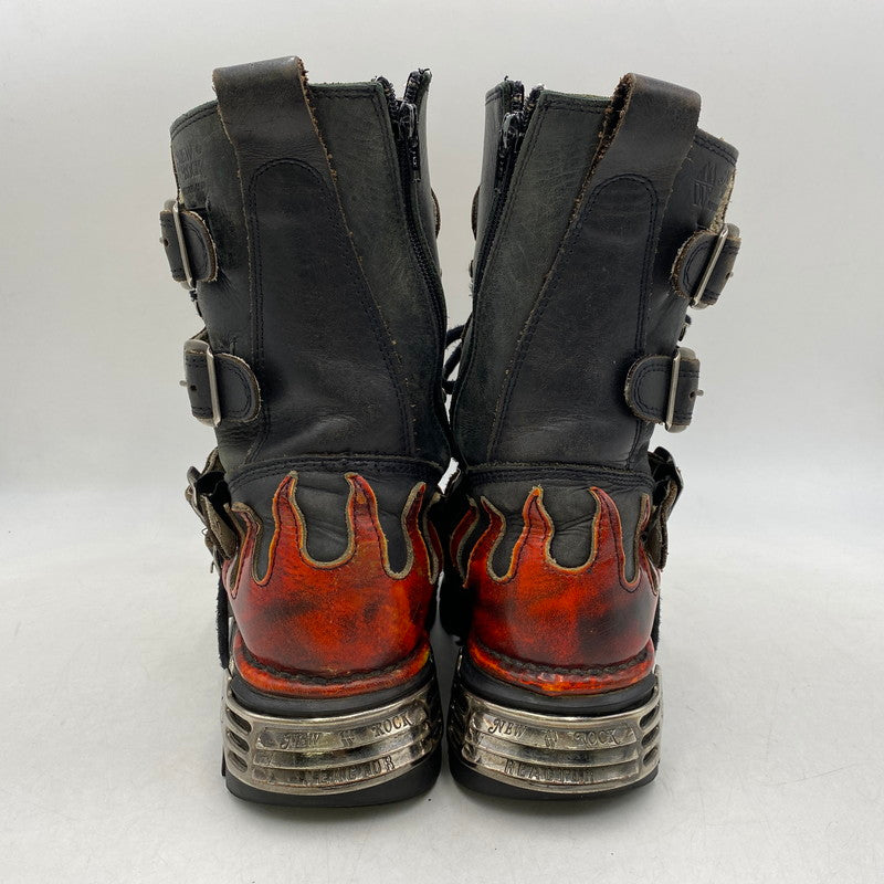 【現状渡し品】【メンズ】 NEW ROCK ニューロック SKULL FIRE PATTERN LEATHER BOOTS スカル ファイヤー パターン レザー ブーツ 靴 164-260616-as-02-izu サイズ：40 カラー：ブラック×レッド 万代Net店