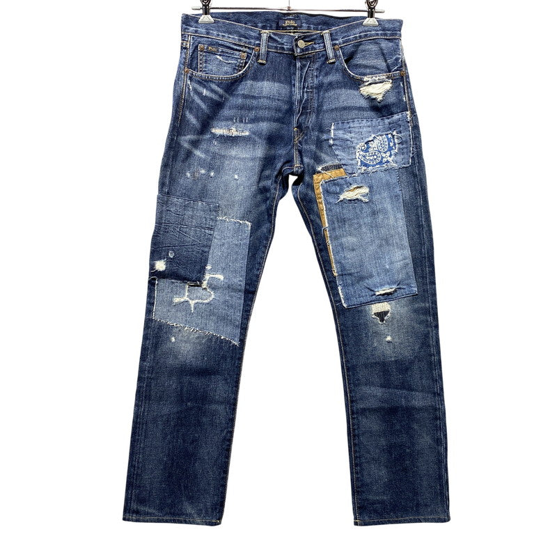 【中古品】【メンズ】 POLO RALPH LAUREN ポロ・ラルフローレン BUTTON FLY ボタンフライ PATCHWORK DISTRESSED DENIM PANTS パッチワーク ディストレスト デニム パンツ ズボン ボトムス 158-260626-ya-02-izu サイズ：33×32 カラー：インディゴ 万代Net店