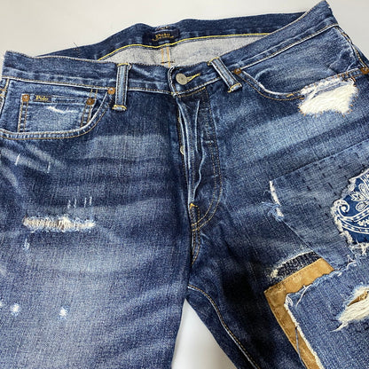 【中古品】【メンズ】 POLO RALPH LAUREN ポロ・ラルフローレン BUTTON FLY ボタンフライ PATCHWORK DISTRESSED DENIM PANTS パッチワーク ディストレスト デニム パンツ ズボン ボトムス 158-260626-ya-02-izu サイズ：33×32 カラー：インディゴ 万代Net店