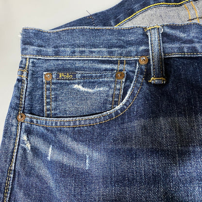 【中古品】【メンズ】 POLO RALPH LAUREN ポロ・ラルフローレン BUTTON FLY ボタンフライ PATCHWORK DISTRESSED DENIM PANTS パッチワーク ディストレスト デニム パンツ ズボン ボトムス 158-260626-ya-02-izu サイズ：33×32 カラー：インディゴ 万代Net店