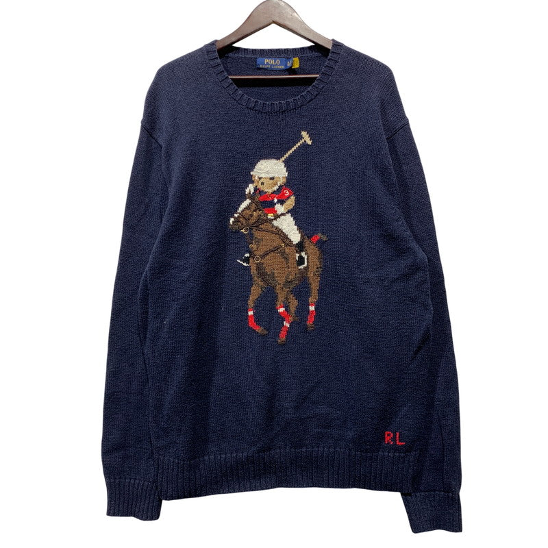 【中古品】【メンズ】 POLO RALPH LAUREN ポロ・ラルフローレン BEAR COTTON KNIT SHIRT ベア コットン ニット 長袖 147-260629-as-10-izu サイズ：XL カラー：ネイビー 万代Net店