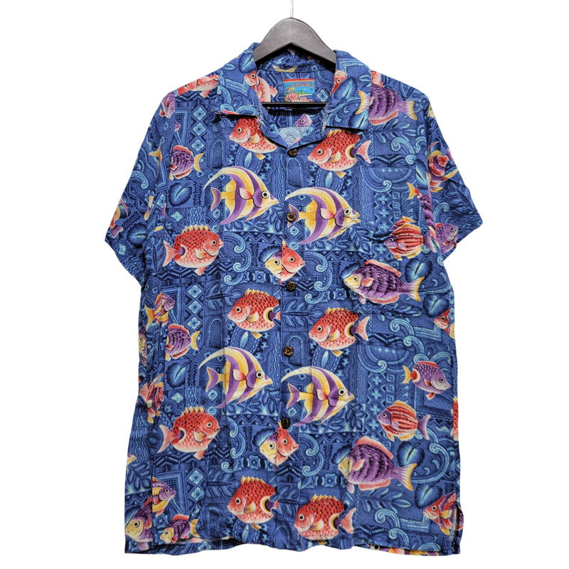 【現状渡し品】【メンズ】 REYN SPOONER レインスプーナー JOE KEALOHA'S ジョーケアロハス ハワイ製 SS RAYON ALOHA SHIRT ショートスリーブ レーヨン アロハ シャツ トップス 半袖 146-260706-cs-16-izu サイズ：L カラー：ブルー 万代Net店
