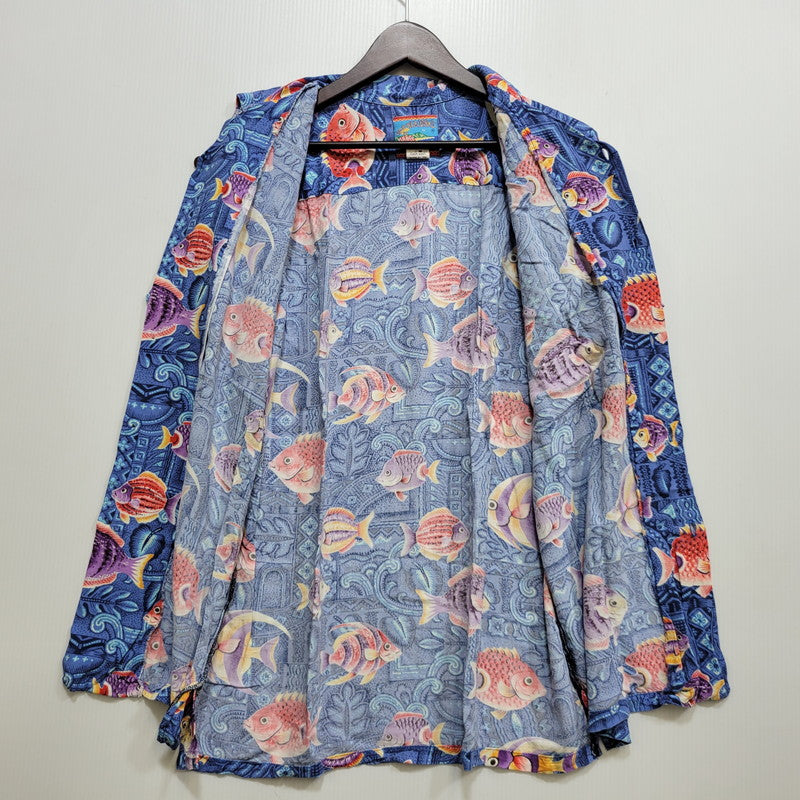【現状渡し品】【メンズ】 REYN SPOONER レインスプーナー JOE KEALOHA'S ジョーケアロハス ハワイ製 SS RAYON ALOHA SHIRT ショートスリーブ レーヨン アロハ シャツ トップス 半袖 146-260706-cs-16-izu サイズ：L カラー：ブルー 万代Net店
