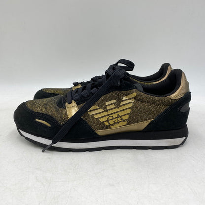 【中古品】【レディース】 Emporio Armani エンポリオ・アルマーニ SUEDE SNEAKERS X3X058 XL617 スエード スニーカー シューズ 靴 166-260713-as-27-izu サイズ：US 6M カラー：ブラック×ゴールド 万代Net店