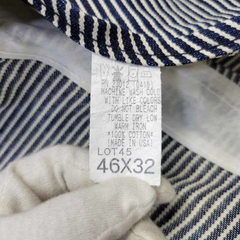 【中古品】【メンズ】 ROUND HOUSE ラウンドハウス HICKORY OVERALLS LOT45 ヒッコリー オーバーオール USA製 156-260720-as-30-izu サイズ：46×32 カラー：ネイビー×ホワイト 万代Net店