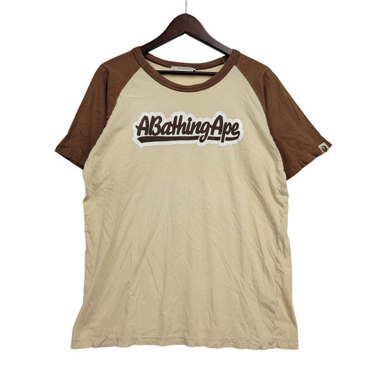 【中古品】【メンズ】 A BATHING APE アベイシングエイプ LOGO PRINT RAGLAN SLEEVE TEE ロゴプリント ラグラン スリーブ Tシャツ 初期タグ プリント 半袖 トップス 142-260728-ay-03-izu サイズ：M カラー：ブラウン×ベージュ 万代Net店