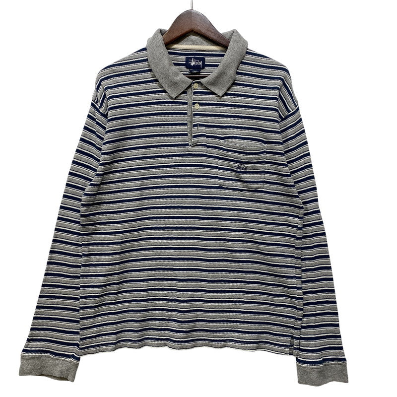 【中古品】【メンズ】 OLD STUSSY オールド ステューシー 紺タグ インド製 BORDER LS POLO SHIRT ボーダー ロングスリーブ ポロ シャツ トップス 長袖 142-260807-cs-03-izu サイズ：S カラー：グレー×ネイビー 万代Net店