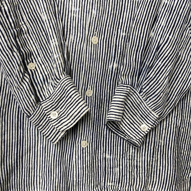 【中古品】【メンズ】 BANANATIME バナナタイム 300-004-04 SILK STRIPE NO COLLAR LS SHIRT シルク ストライプ ノーカラー ロングスリーブ シャツ トップス 長袖 140-260809-ya-06-izu サイズ：S カラー：ネイビー×ホワイト 万代Net店