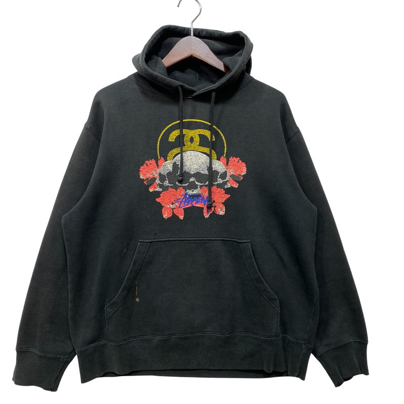 【現状渡し品】【メンズ】 OLD STUSSY オールド ステューシー USA製 紺タグ 90’S SKULL FLOUR GRAPHIC SWEAT HOODIE スカルフラワー グラフィック スウェット フーディー 142-260804-yn-05-izu サイズ：L カラー：ブラック 万代Net店