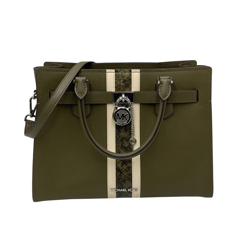 【中古品】【レディース】 MICHAEL KORS マイケルコース HAMILTON MEDIUM LEATHER AND SNAKE EMBOSSED STRIPE SATCHEL ハミルトン ミディアム レザー アンド スネーク エンボスド ストライプ サッチェル カバン 鞄 188-260804-ya-02-izu カラー：カーキ 万代Net店
