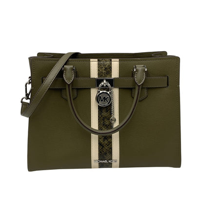 【中古品】【レディース】 MICHAEL KORS マイケルコース HAMILTON MEDIUM LEATHER AND SNAKE EMBOSSED STRIPE SATCHEL ハミルトン ミディアム レザー アンド スネーク エンボスド ストライプ サッチェル カバン 鞄 188-260804-ya-02-izu カラー：カーキ 万代Net店