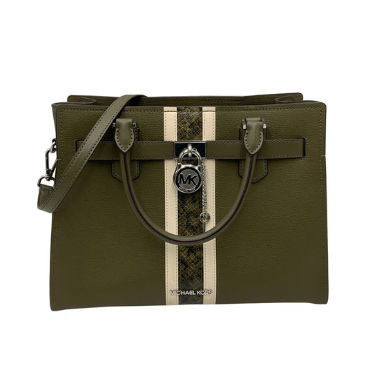 【中古品】【レディース】 MICHAEL KORS マイケルコース HAMILTON MEDIUM LEATHER AND SNAKE EMBOSSED STRIPE SATCHEL ハミルトン ミディアム レザー アンド スネーク エンボスド ストライプ サッチェル カバン 鞄 188-260804-ya-02-izu カラー：カーキ 万代Net店