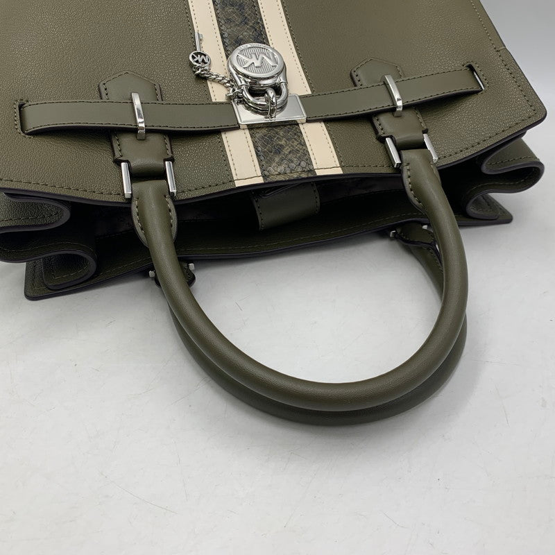 【中古品】【レディース】 MICHAEL KORS マイケルコース HAMILTON MEDIUM LEATHER AND SNAKE EMBOSSED STRIPE SATCHEL ハミルトン ミディアム レザー アンド スネーク エンボスド ストライプ サッチェル カバン 鞄 188-260804-ya-02-izu カラー：カーキ 万代Net店