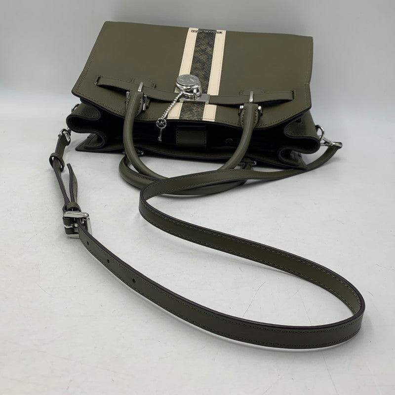 【中古品】【レディース】 MICHAEL KORS マイケルコース HAMILTON MEDIUM LEATHER AND SNAKE EMBOSSED STRIPE SATCHEL ハミルトン ミディアム レザー アンド スネーク エンボスド ストライプ サッチェル カバン 鞄 188-260804-ya-02-izu カラー：カーキ 万代Net店