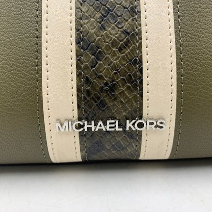 【中古品】【レディース】 MICHAEL KORS マイケルコース HAMILTON MEDIUM LEATHER AND SNAKE EMBOSSED STRIPE SATCHEL ハミルトン ミディアム レザー アンド スネーク エンボスド ストライプ サッチェル カバン 鞄 188-260804-ya-02-izu カラー：カーキ 万代Net店